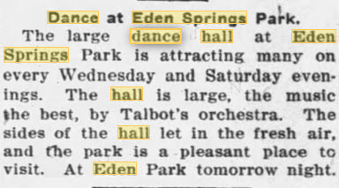 Eden Springs Dance Hall - June 1911 Article